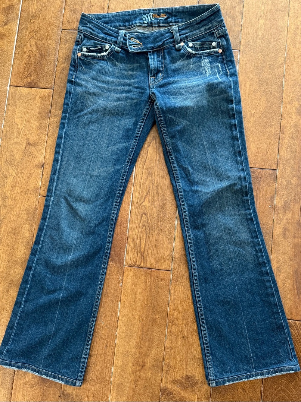 Miss Me Dark Blue Distressed Low Rise Bootcut Flare Jeans size 27